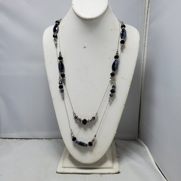 Ali Khan 2 row illusion rope necklace with faceted black glass beads and crystal - Picture 2 of 8